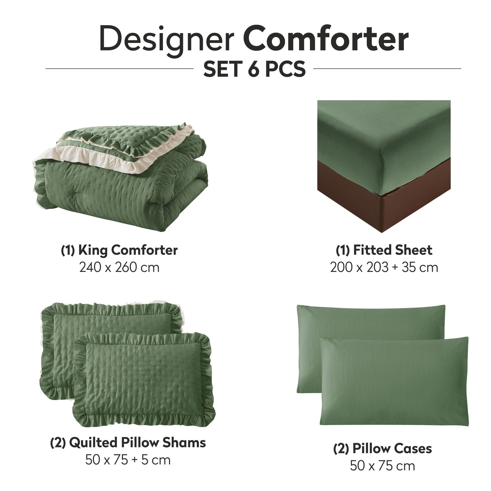 Ruffled Lace Ultrasonic Embroidered Comforter Set 6-Piece King Green