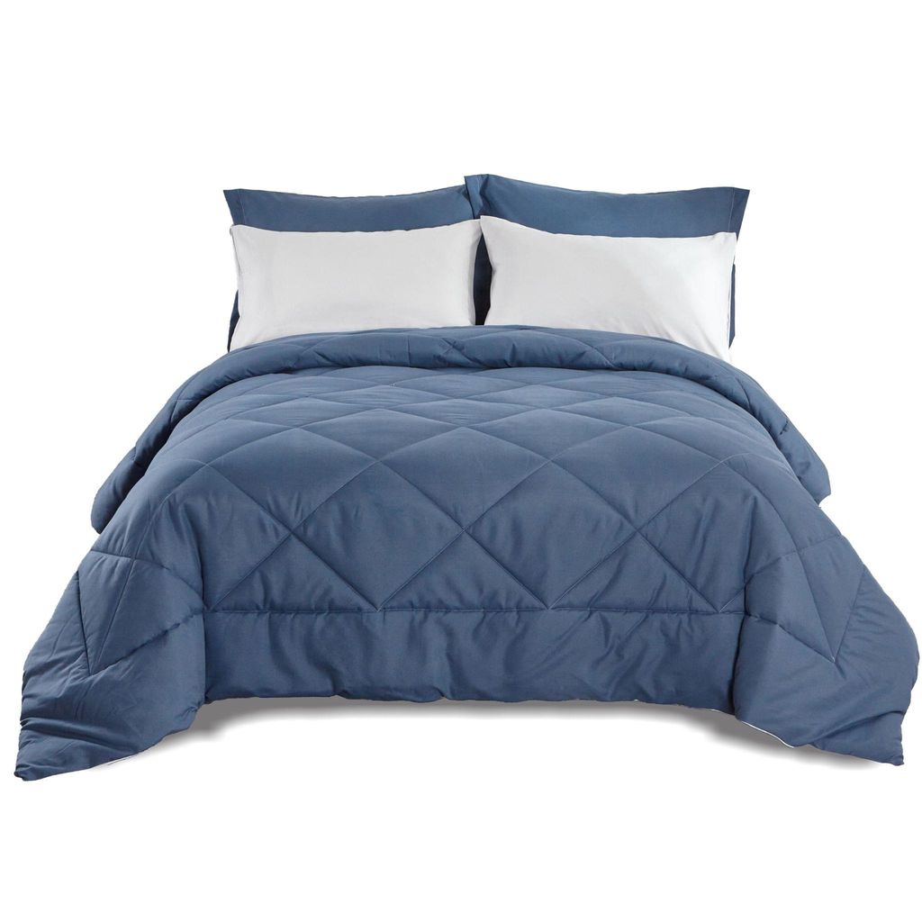 Diamond Quilted Reversible Comforter Set 4-Piece Twin  Jet Blue/Light Grey