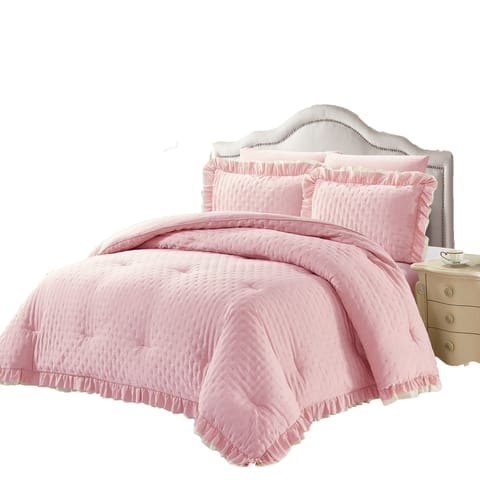 Ruffled Lace Ultrasonic Embroidered Comforter Set 4-Piece Twin Pink