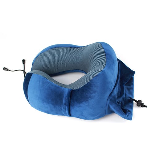 Luxury Travel Pillow with Ear Plugs, Eye Mask and Mesh Bag Memory Foam Blue/Grey 28x25x13cm