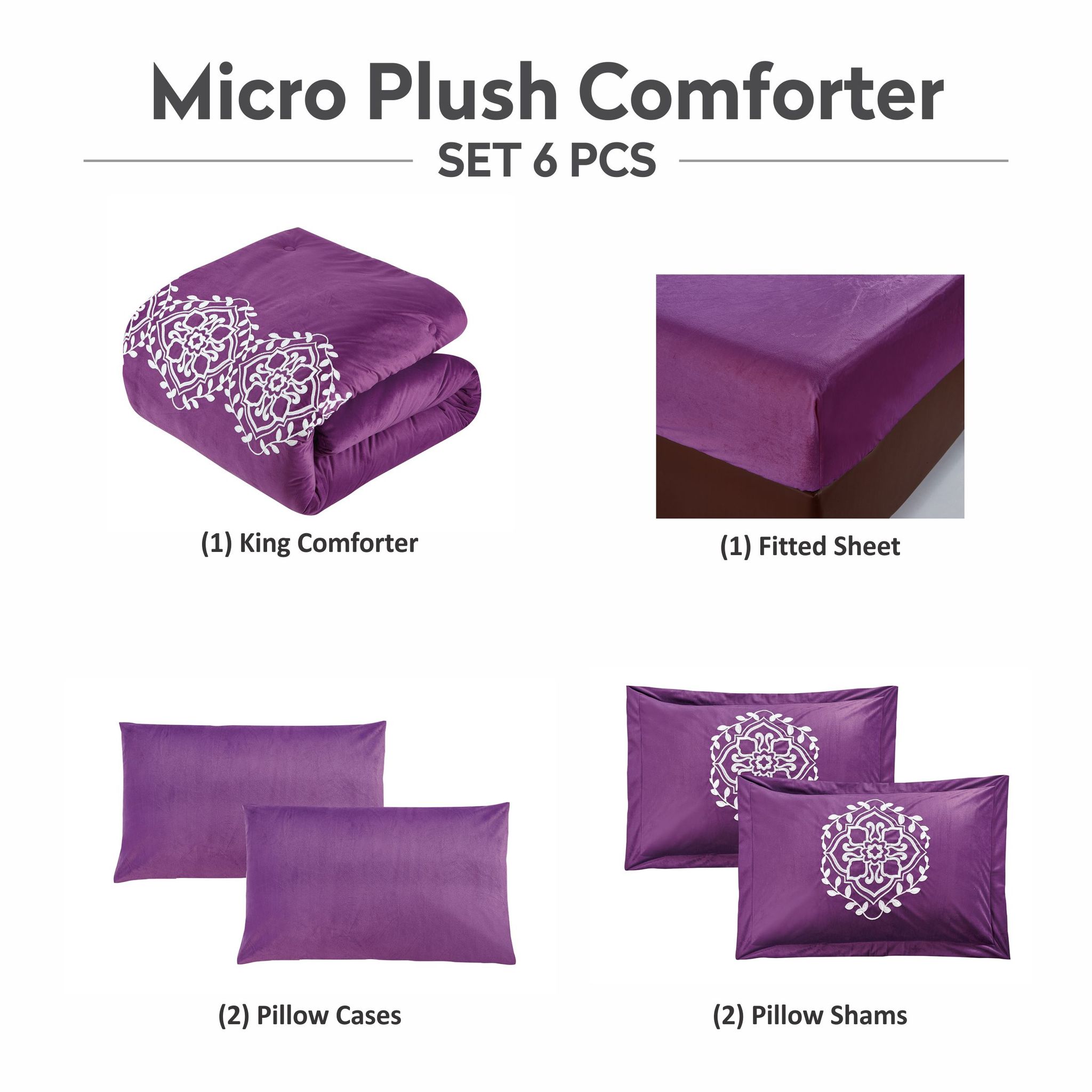 Damask Embroidered Tufted Comforter Set 6-Piece King Purple