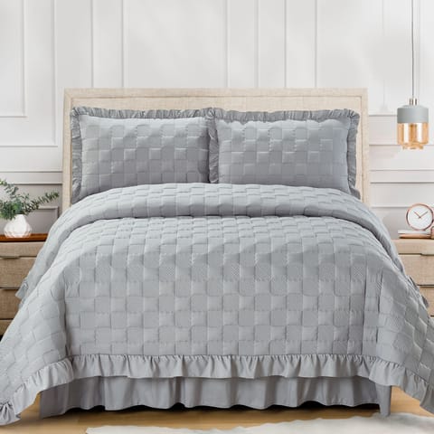 Box Embroidered Quilt Set 4-Piece King Silver Gray