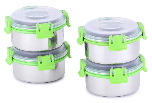 Stainless Steel Airtight Leak Proof Lock N Lock Lunch Tiffin Boxes for Offices/Home/Kitchen (Set of 4; Color: Green; 3x11cms, Cap.: 4x325 ml Approx)