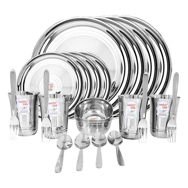 KITCHEN CLUE® Dinnerware Set | Heavy Guage Glory Stainless Steel Dinner Set of 24 Pieces - Silver Color I Dishwasher Safe I Highly Durable