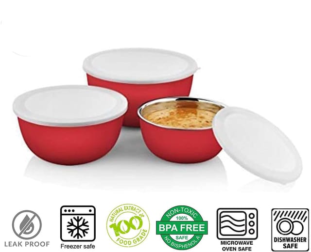 Stainless Steel Microwave Safe Euro Bowl Set of 3 (20cm, 18cm, 15cm) - Red Color