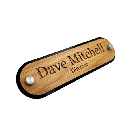 Badgemaster Sustainable Engraved Oak Acrylic Desk Name Plate Plaque Sign Free Standing