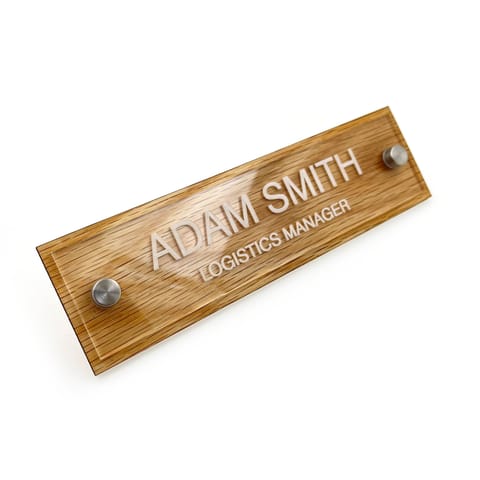 Badgemaster Premium Oak Clear Acrylic Custom Personalised Office Home Desk Name Plaque