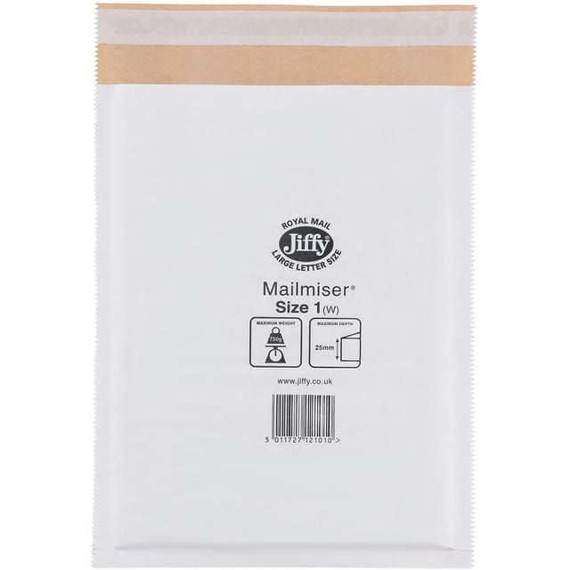 Jiffy Mailmiser Protective Envelopes Bubble-lined Size 1 P&S 170x245mm White Ref JMM-WH-1 [Pack 100]