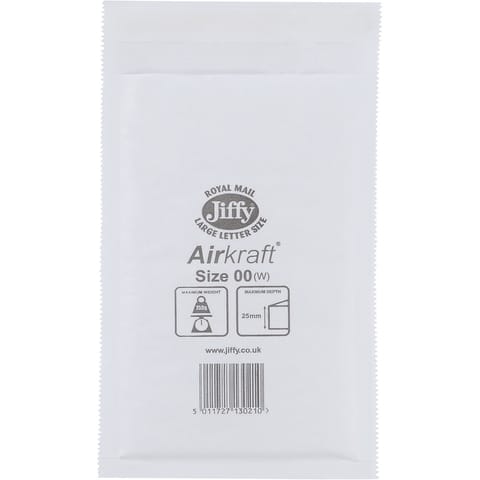 Jiffy Airkraft Bag Bubble-lined Peel and Seal Size 00 115x195mm White Ref JL-00 [Pack 100]