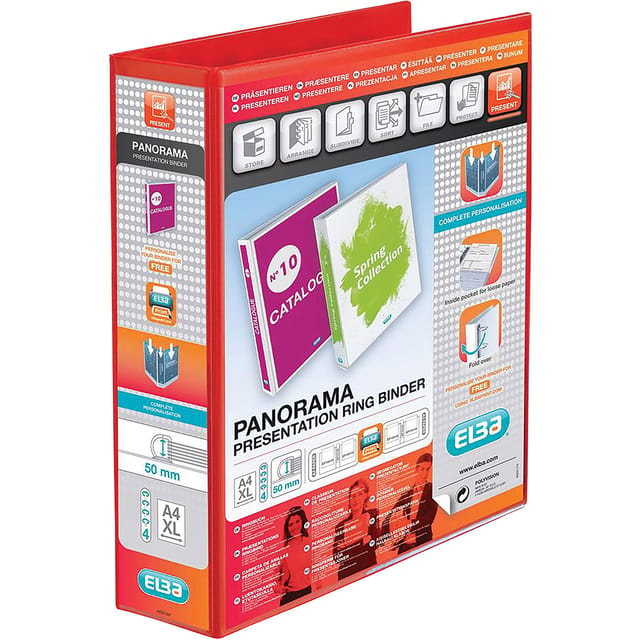 Elba Panorama Presentation Ring Binder PP 4 D-Ring 50mm Capacity A4 Red Ref 400008432 [Pack 4]