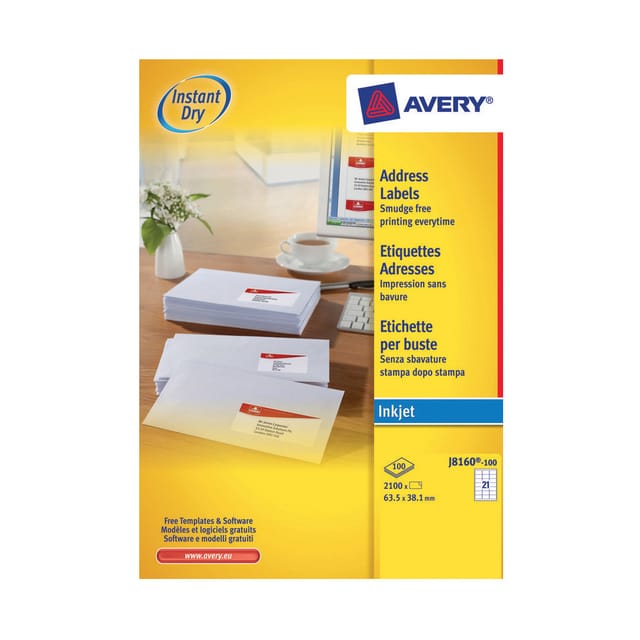 Avery Quick DRY Addressing Labels Inkjet 21 per Sheet 63.5x38.1mm White Ref J8160-100 [2100 Labels]
