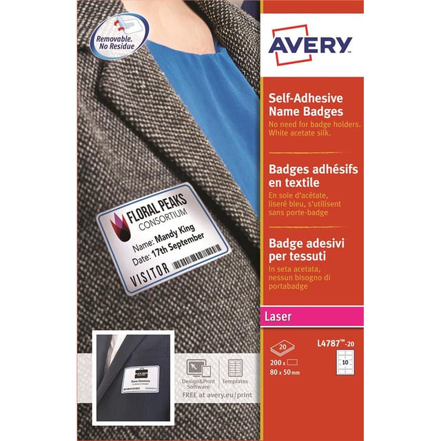 Avery Name Badge Labels Laser Self-adhesive 80x50mm Blue Border Ref L4787-20 [200 Labels]