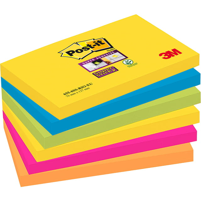 Post-it Super Sticky Removable Notes Pad 90 Sheets 76x127mm Rio Ref 655-6SS-RIO [Pack 6]