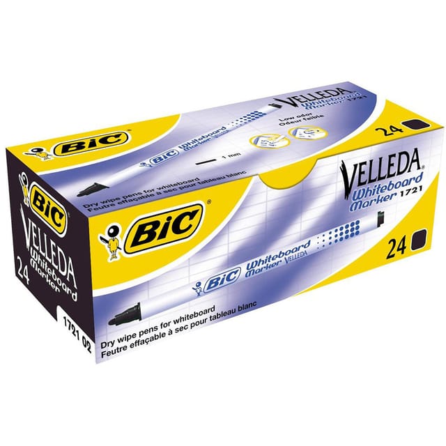 Bic Velleda Marker Whiteboard Dry-wipe 1721 Fine Bullet Tip 1.6mm Line Black Ref 841842 [Pack 24]