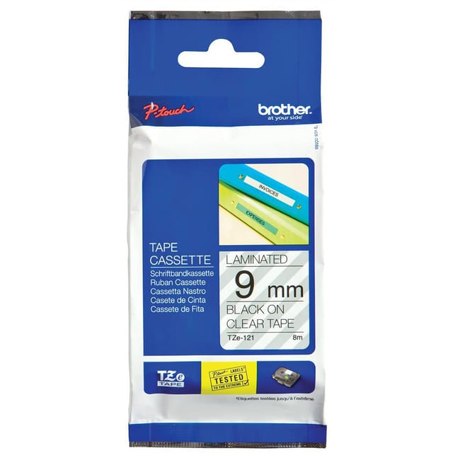 Brother P-touch TZE Label Tape 9mmx8m Black on Clear Ref TZE121