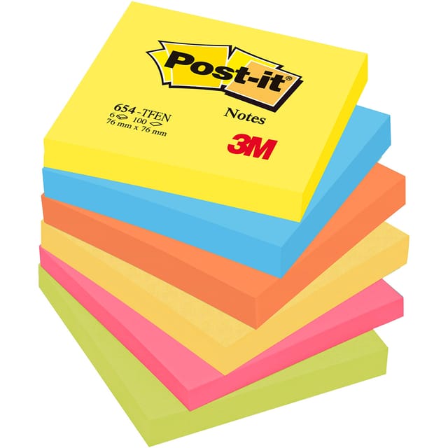 Post-it Colour Notes Pad of 100 Sheets 76x76mm Energetic Palette Rainbow Colours Ref 654TFEN [Pack 6]