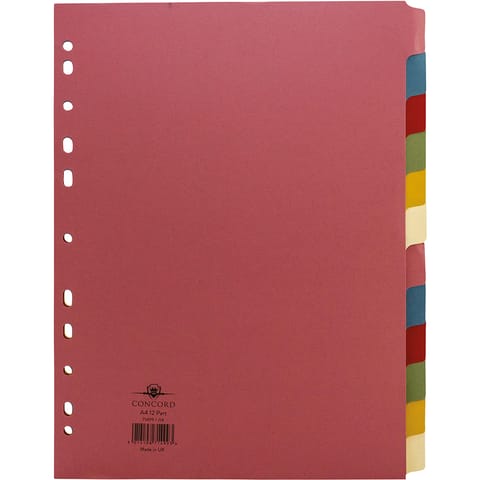 Concord Subject Dividers 12-Part Multipunched 160gsm A4 Assorted Ref 71499/J14