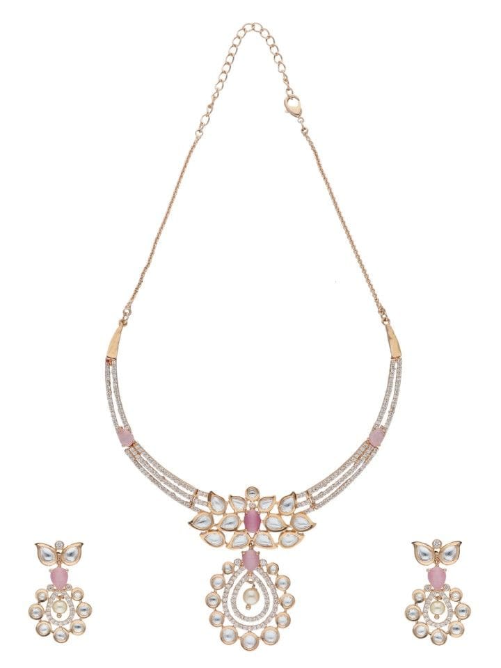AD With Kundan Necklace Set in Rose Gold Finish - CNB1231