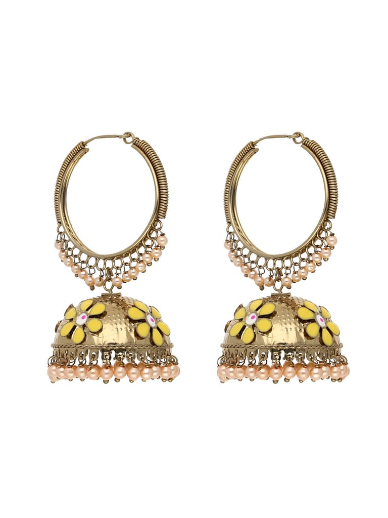 Antique Jhumka Earrings in Green, Yellow, Peach color - CNB3563