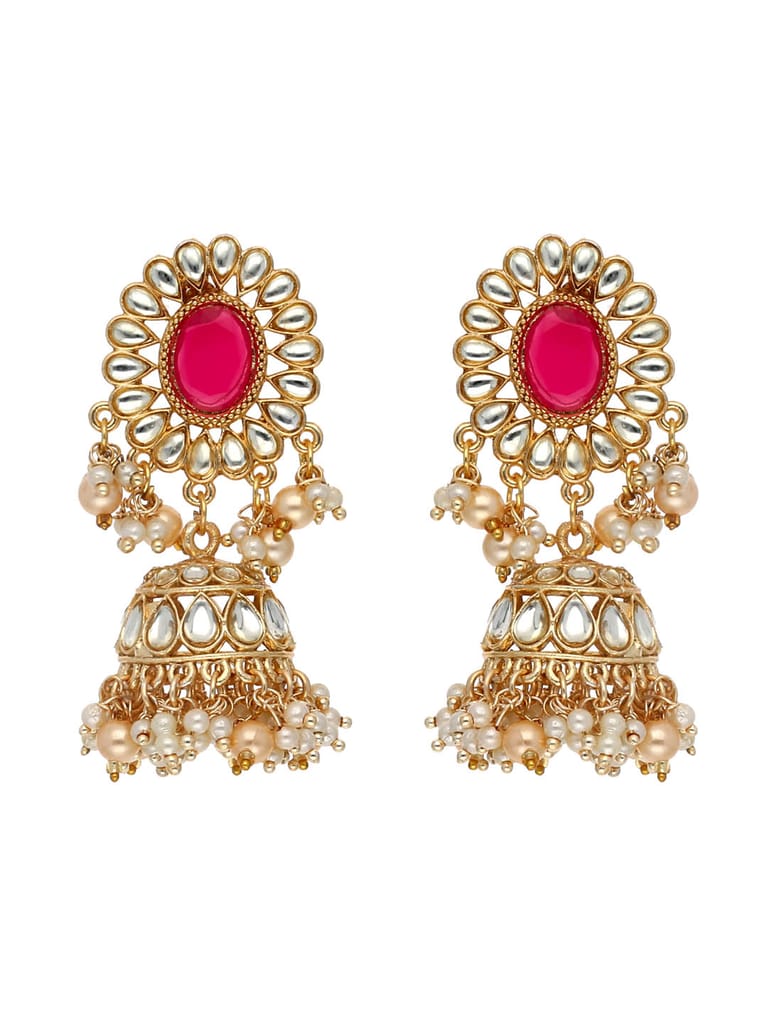 Kundan Jhumka Earrings in Rani Pink color and Gold finish - CNB3610