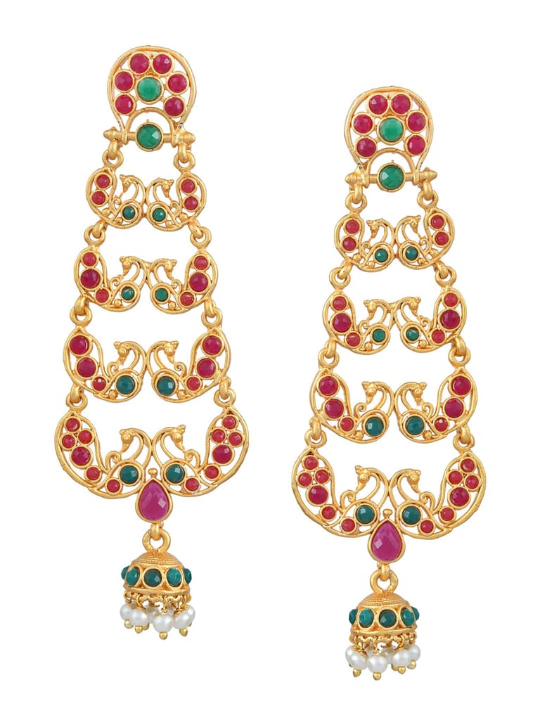 Traditional Long Earrings in Ruby & Green color - S19562