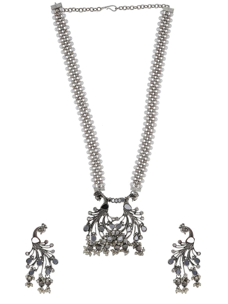Mirror Long Necklace Set in Oxidised Silver finish - PRT8077