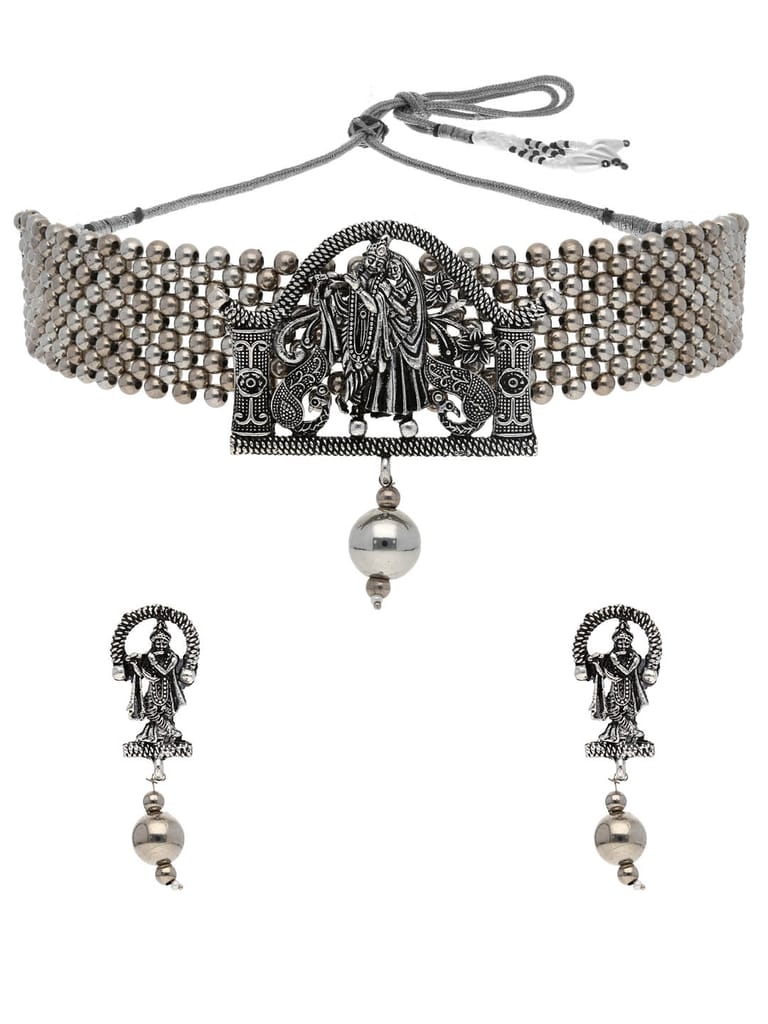 Temple Choker Necklace Set in Oxidised Silver finish - PRT2594