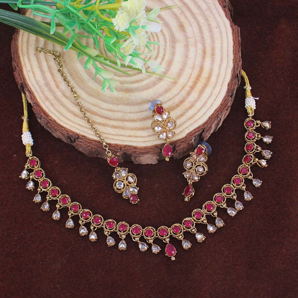Reverse AD Necklace Set in Mehendi finish - OMK186