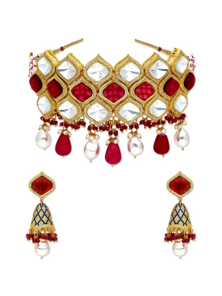 AD / CZ Choker Necklace Set in Gold finish - CNB30747