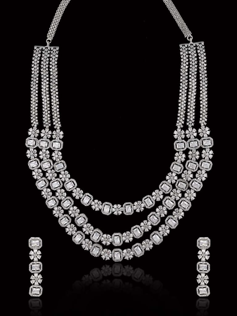 AD / CZ Long Necklace Set in Rhodium finish - CNB30762