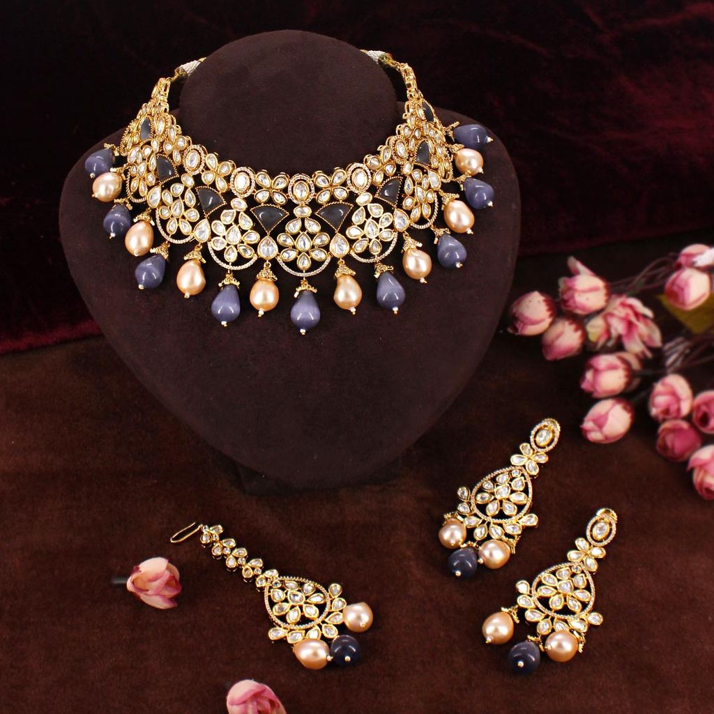 AD / CZ with Kundan Necklace Set in Gold finish - CNB30767