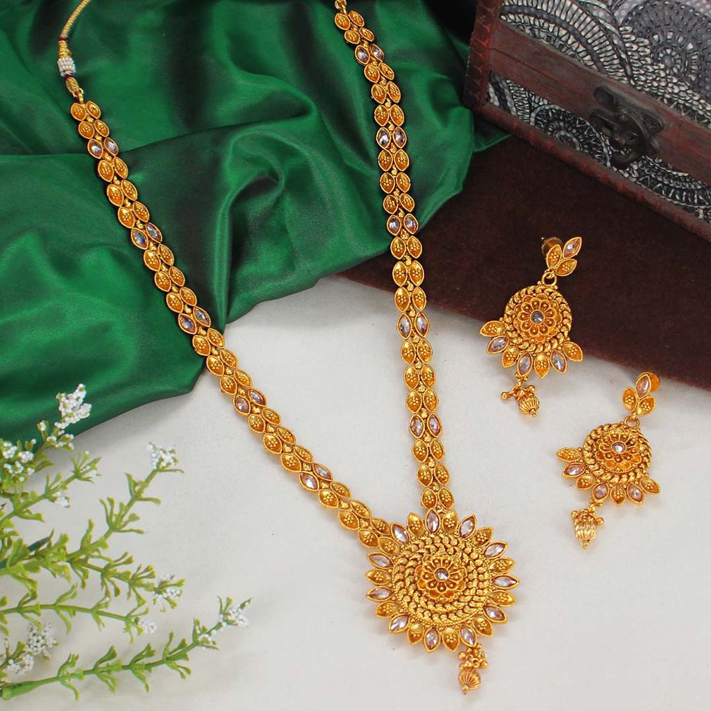 Antique Long Necklace Set in Gold finish - AMN263