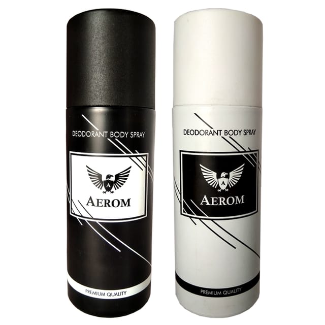 Aerom Black & White Premium Quality Deodorant Body Spray For Men, 150 ml each (Pack of 2)