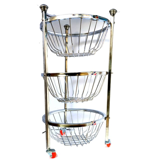 Vaishvi 3 Layer Fruit and Vegetables Storage Round Basket Assembled with Wheels for Kitchen - Stainless Steel