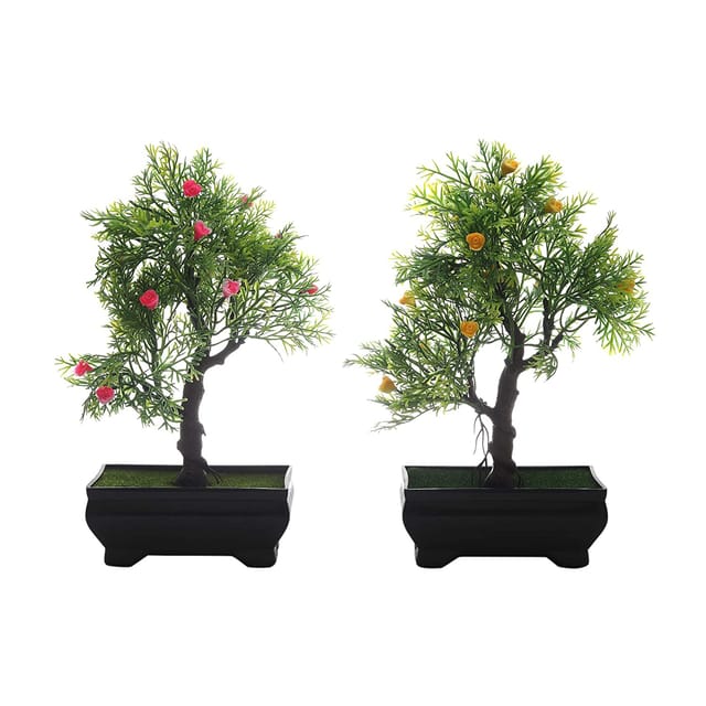 Foliyaj Combo of 2 Artificial Flower Plant Bonsai Tree with Pot for Home D�cor Living Room Office (12 cm x 10 cm x 23 cm, Set of 2, FYJ-C-BPT-B-3BRTHIKPNKYELFLW)