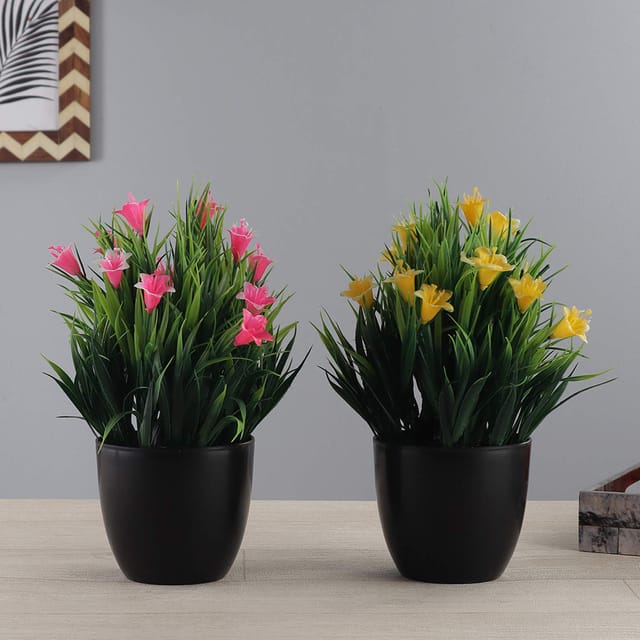 Foliyaj Combo of 2 Artificial Yellow and Pink Lily Plants with Pot,Artificial Flower Tree for Home Decor