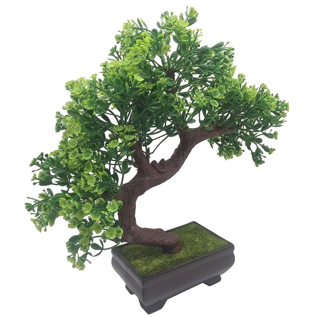 Foliyaj Bent Artificial Bonsai Tree with Green Leaves and Green Flowers