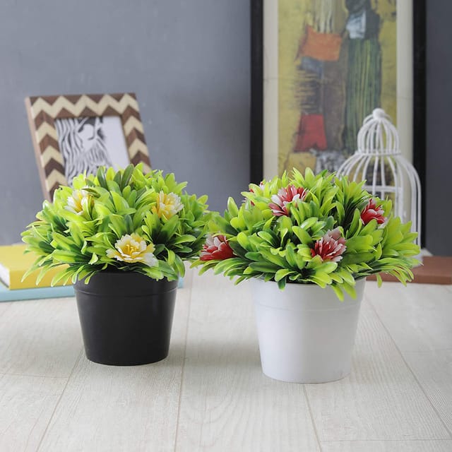 Foliyaj Combo of 2 Artificial Plants with Large Green Leaves and Big Red and Yellow Flowers