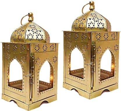 Inspiration World inspiration World Moroccan Lantern Gold Set /2 SML Gold Iron Hanging Lantern (22 cm X 10 cm, Pack of 2)