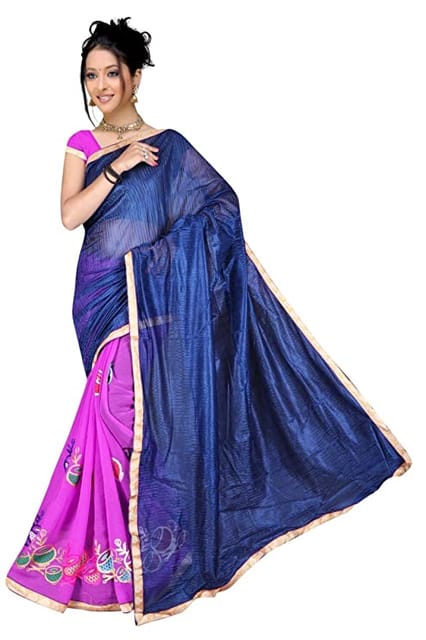 IPP Women's Shinning Georgette Saree With Blouse Piece (Blue and Pink Color_Free size)