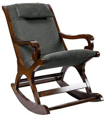 Shilpi Hand Carved Rocking Chair Cushioned Back & Seat, Teak Wood Rocking Chair (Standard, Grey)