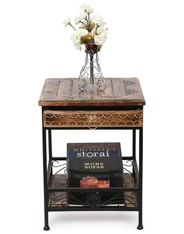 Shilpi Wooden And Iron End Table Walnut And Black Size(LxBxH-14.5x14.5x19) Inch