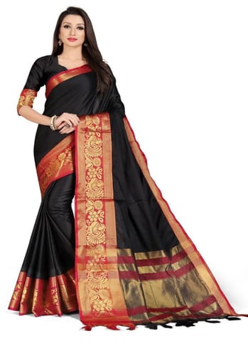 Generic Women's Cotton Silk,Jacquard,Poly Silk Saree (Black, 5-6 Mtrs)