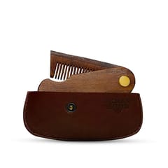 BeardHood Beard Comb Wooden with Leather Case Folding Pocket | Handmade Sheesham Wood