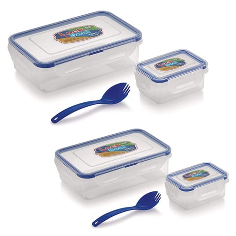 Ski Plastic Lock N Seal Lunch Box, 800ml and 550ml (Transparent) - Pack of 2