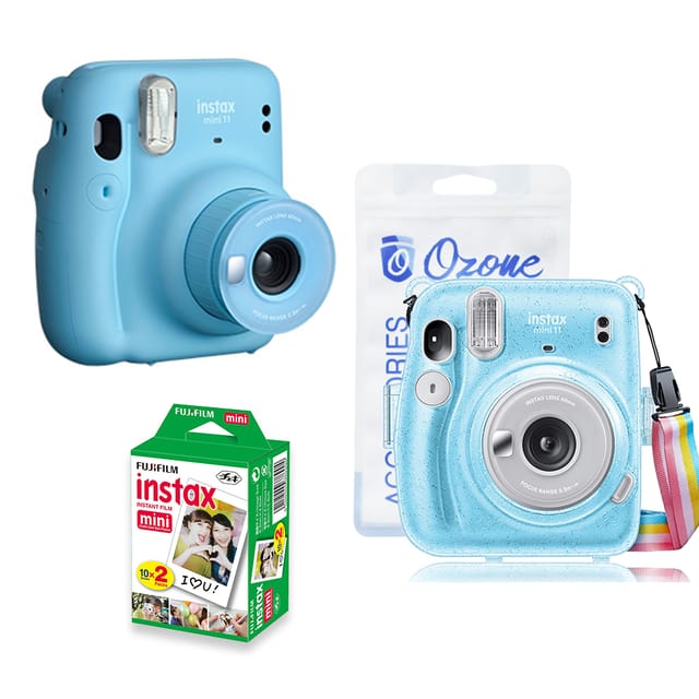 Fujifilm Instax Mini 11 Instant Camera with Ozone Transparent Case for Instax Mini 11 with Adjustable Strap & Fuji Instax Mini Plain Film 20 Sheets - Blue