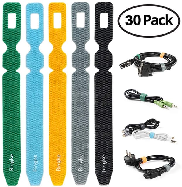 Ringke Magic Cable Tie Unicolor Reusable Hook and Loop Strap Organizer for Fastening Cable Cords and Wires [ Pack of 30 Assorted Colors ]