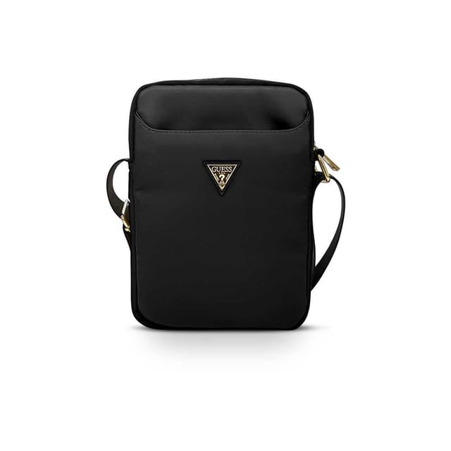 Guess Nylon Tablet Bag With Metal Triangle Logo 8" - Black