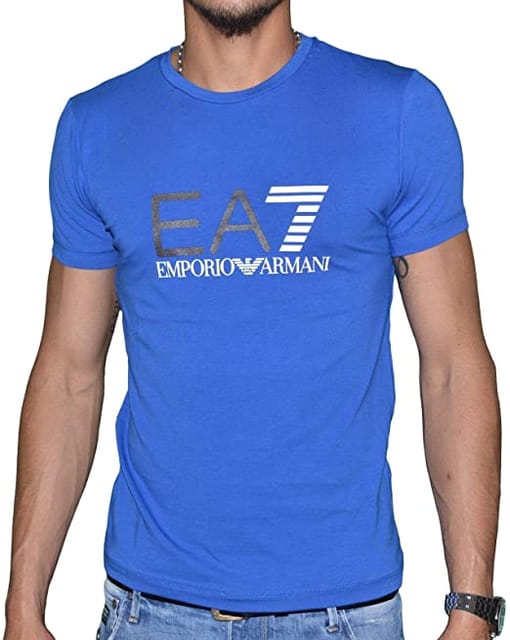 Armani Ea7 Blue Cotton Round Neck T-Shirt For Men