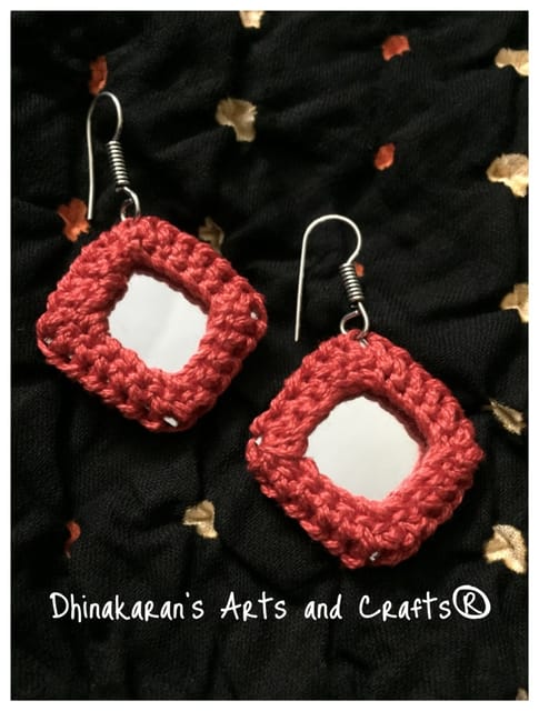 Simple Squares Kutchwork Earrings-RED